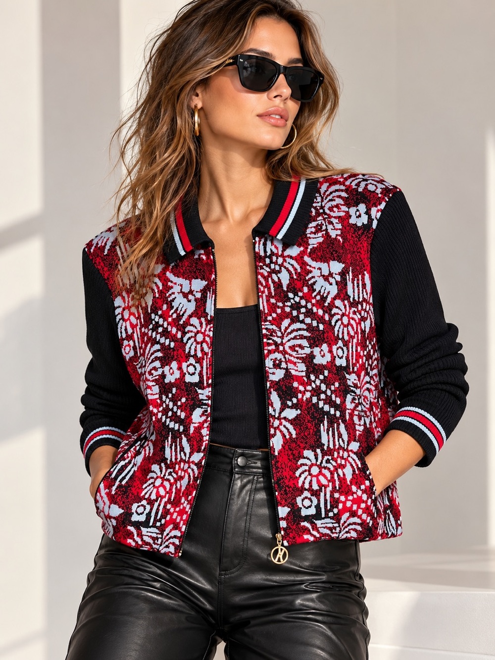 St. John Sport Marie Gray Y2K Wool Rayon Knit Zip Jacket Burgundy Black Large